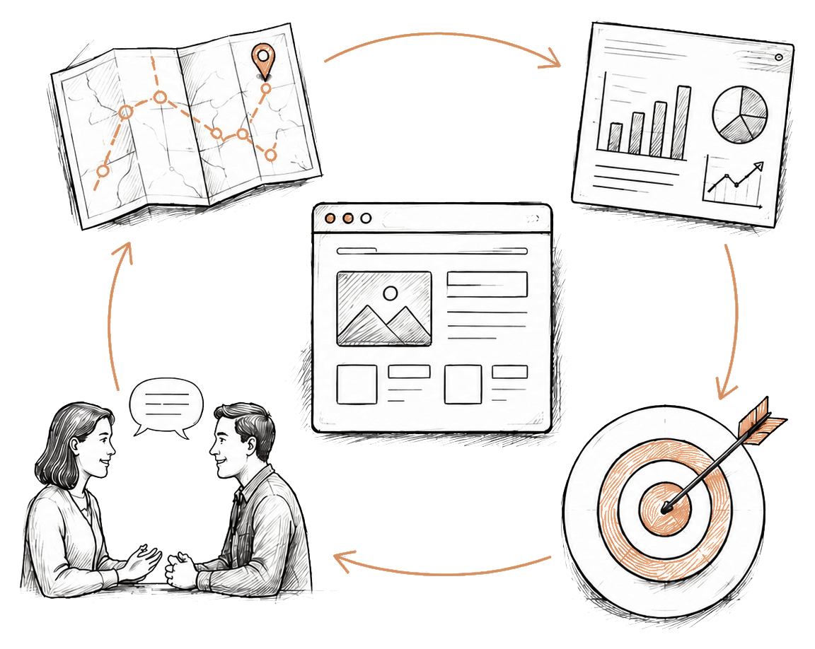 Produktmanagement-Prozess mit Roadmap, Analyse-Dashboard, digitalem Produkt, Nutzergespräch und Marktpositionierung