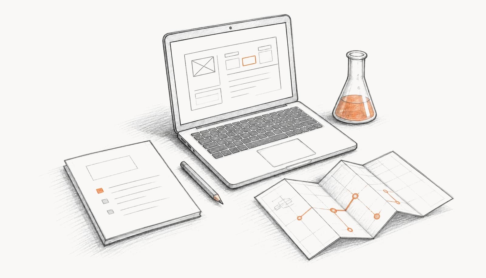 Skizze eines digitalen Prototyps mit Laptop, Testlabor, technischer Dokumentation und Roadmap
