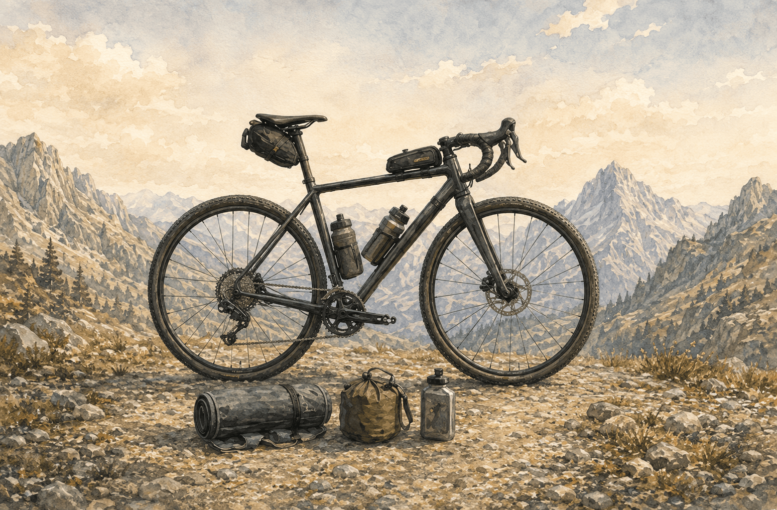Fast and light bikepacking setup prepared with a reduced gear load