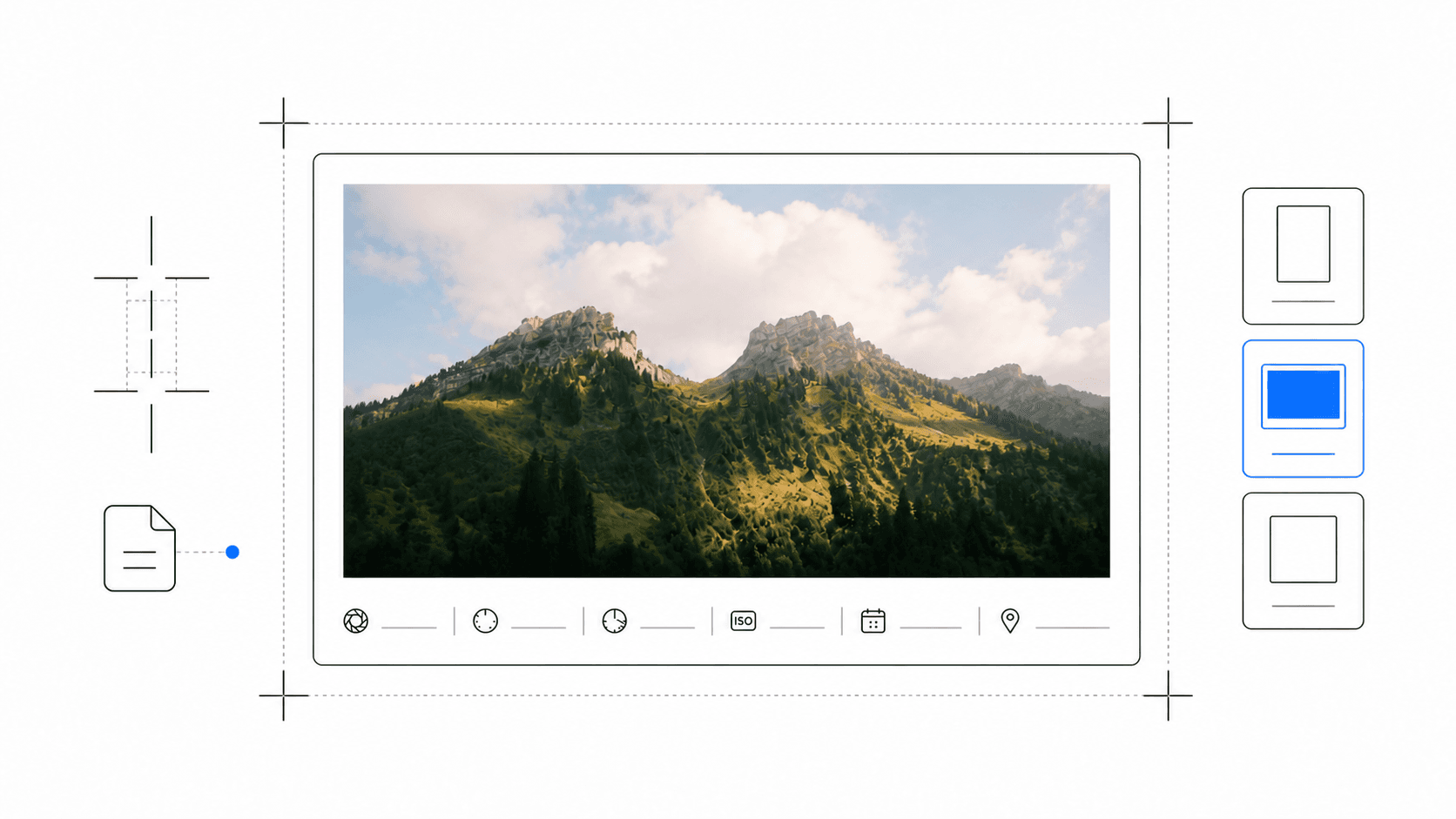 Landscape photograph in a portfolio-ready EXIF photo frame with metadata rail and layout selector