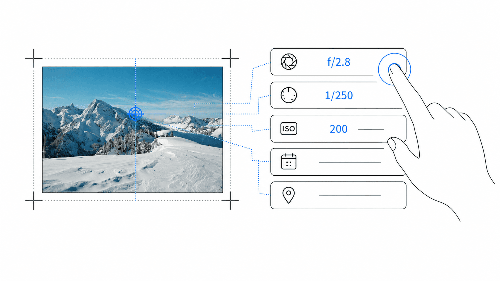 Photo with editable aperture, shutter speed, ISO, date, and location fields prepared for Instagram