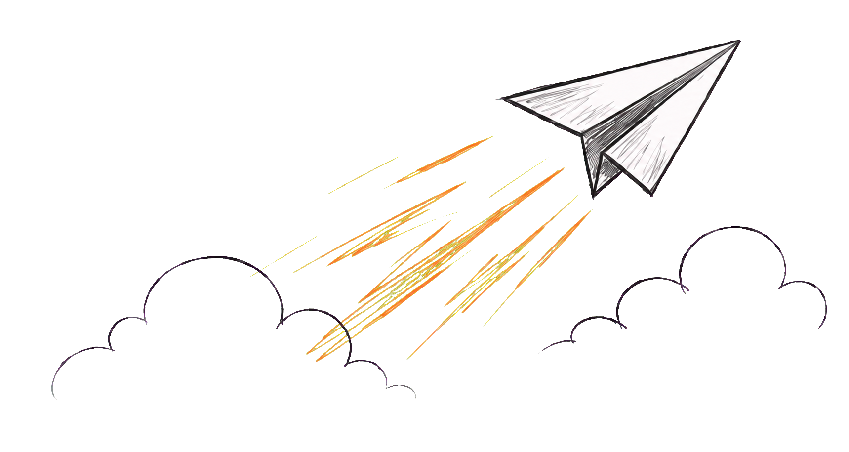 Handgezeichneter Papierflieger mit orangefarbenen Bewegungslinien